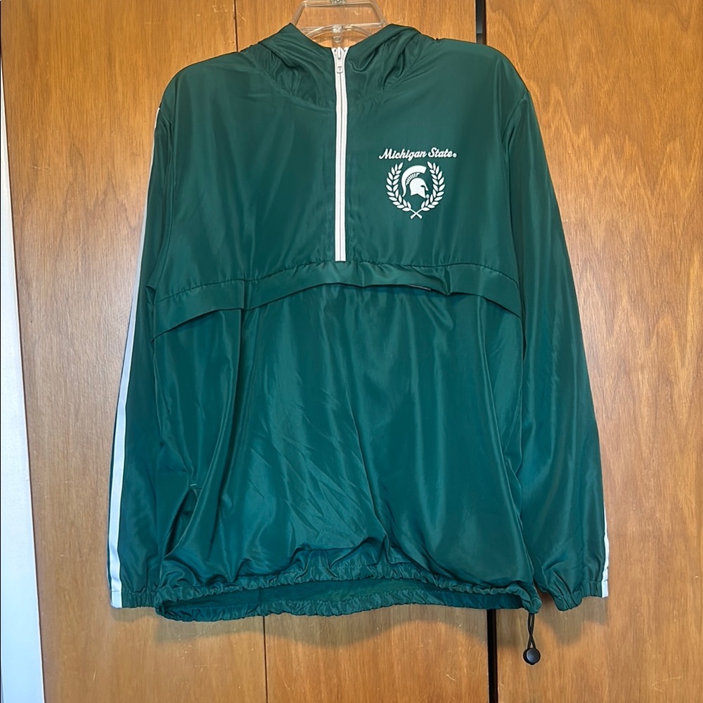Michigan State University windbreaker with a hood, zipper, & hidden pocket.